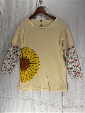 Green 3 Organic Cotton Sunflower Mixed Print Top XL Boho Cottagecore Earthy
